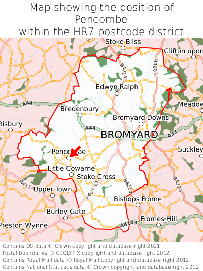 Map showing location of Pencombe within HR7