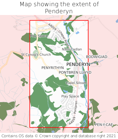 Map showing extent of Penderyn as bounding box