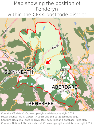 Map showing location of Penderyn within CF44