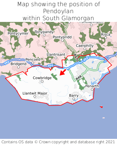 Map showing location of Pendoylan within South Glamorgan