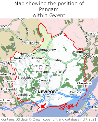 Map showing location of Pengam within Gwent