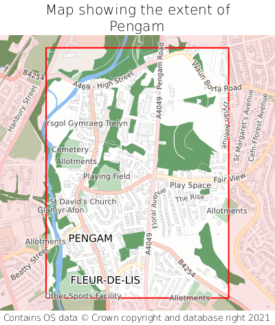 Map showing extent of Pengam as bounding box