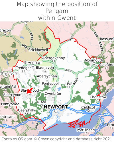 Map showing location of Pengam within Gwent