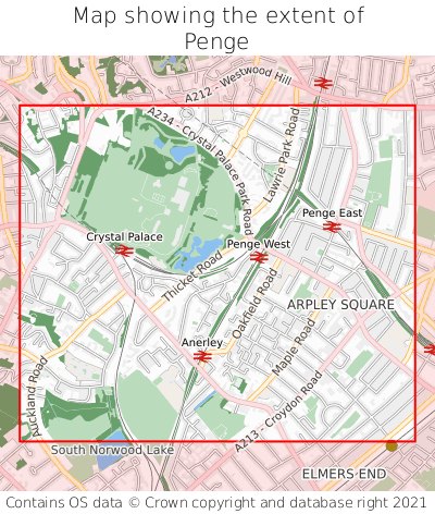 Map showing extent of Penge as bounding box