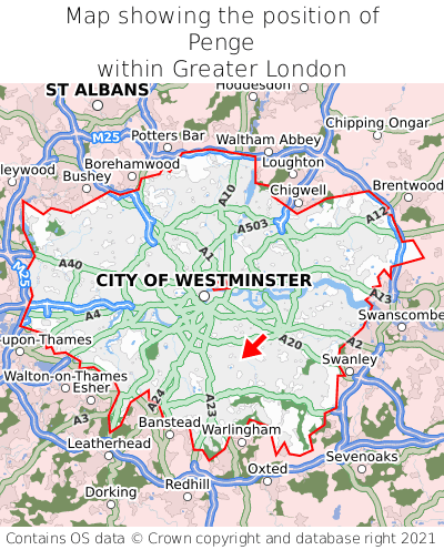 Map showing location of Penge within Greater London