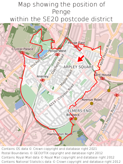 Map showing location of Penge within SE20