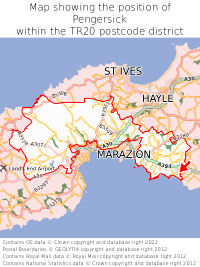 Map showing location of Pengersick within TR20