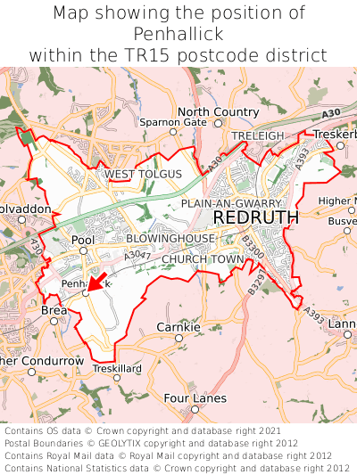 Map showing location of Penhallick within TR15