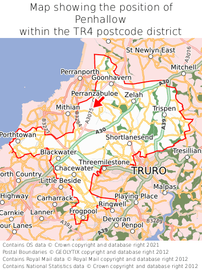 Map showing location of Penhallow within TR4