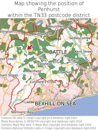 Map showing location of Penhurst within TN33