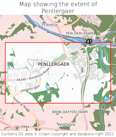 Map showing extent of Penllergaer as bounding box