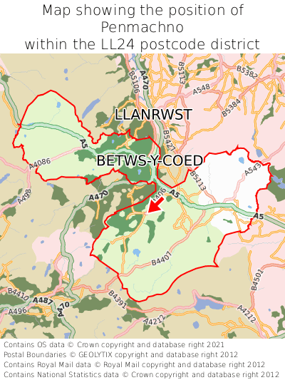 Map showing location of Penmachno within LL24