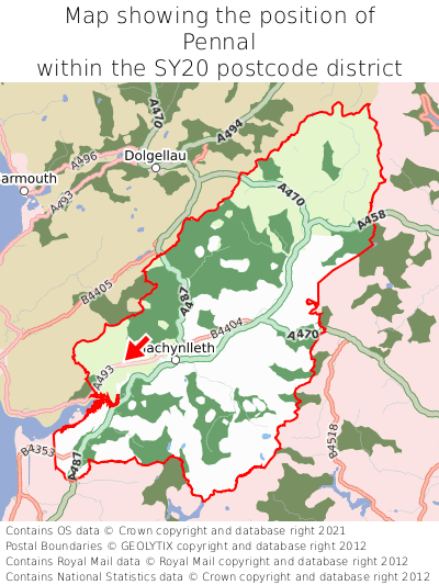 Map showing location of Pennal within SY20