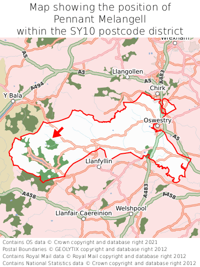 Map showing location of Pennant Melangell within SY10