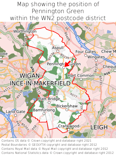 Map showing location of Pennington Green within WN2
