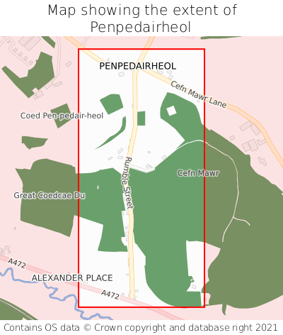 Map showing extent of Penpedairheol as bounding box