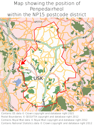 Map showing location of Penpedairheol within NP15