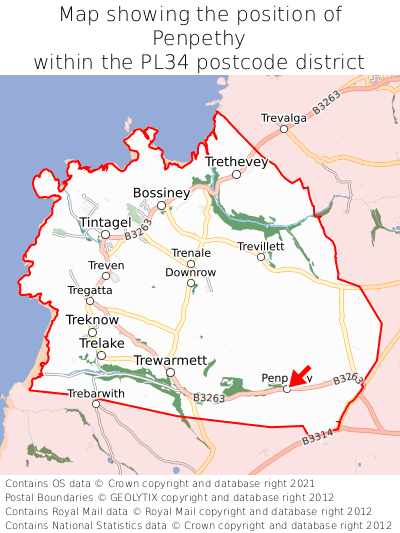 Map showing location of Penpethy within PL34
