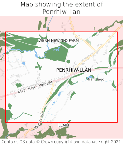 Map showing extent of Penrhiw-llan as bounding box