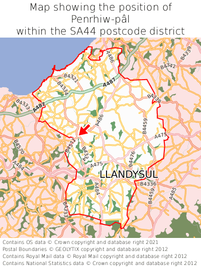 Map showing location of Penrhiw-pâl within SA44