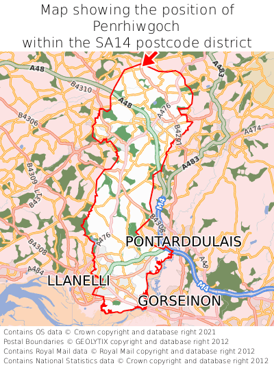 Map showing location of Penrhiwgoch within SA14