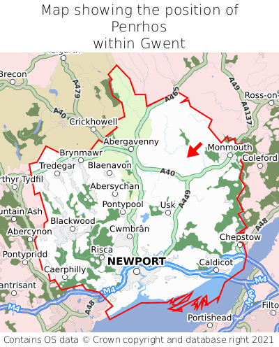 Map showing location of Penrhos within Gwent