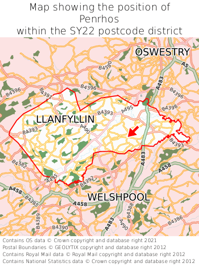 Map showing location of Penrhos within SY22