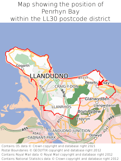 Map showing location of Penrhyn Bay within LL30