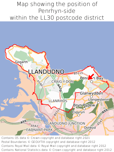 Map showing location of Penrhyn-side within LL30