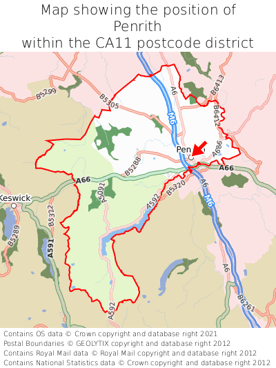 Map showing location of Penrith within CA11