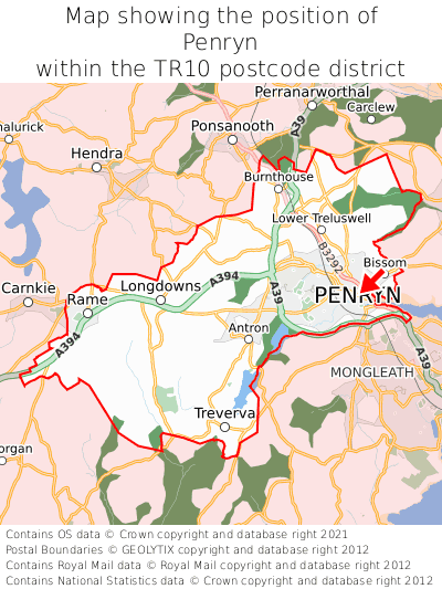 Map showing location of Penryn within TR10