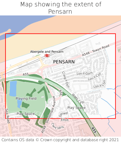 Map showing extent of Pensarn as bounding box