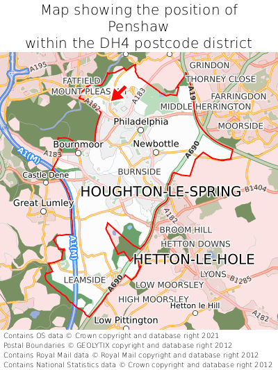 Map showing location of Penshaw within DH4