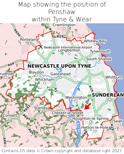Map showing location of Penshaw within Tyne & Wear
