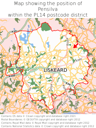 Map showing location of Pensilva within PL14