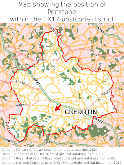 Map showing location of Penstone within EX17
