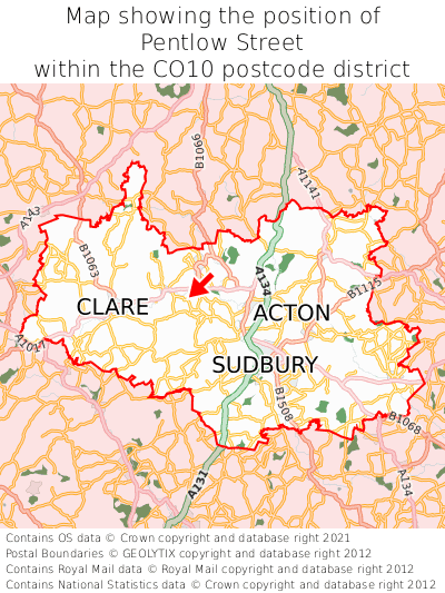 Map showing location of Pentlow Street within CO10