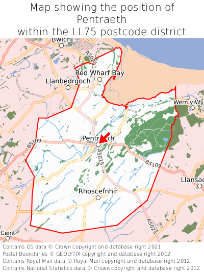 Map showing location of Pentraeth within LL75