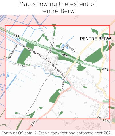 Map showing extent of Pentre Berw as bounding box