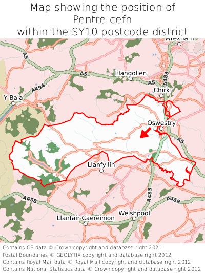 Map showing location of Pentre-cefn within SY10
