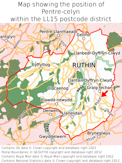 Map showing location of Pentre-celyn within LL15