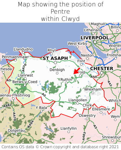 Map showing location of Pentre within Clwyd