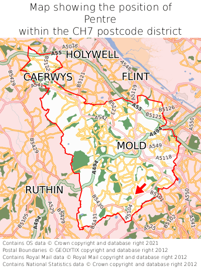 Map showing location of Pentre within CH7