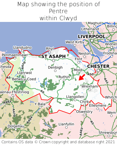 Map showing location of Pentre within Clwyd