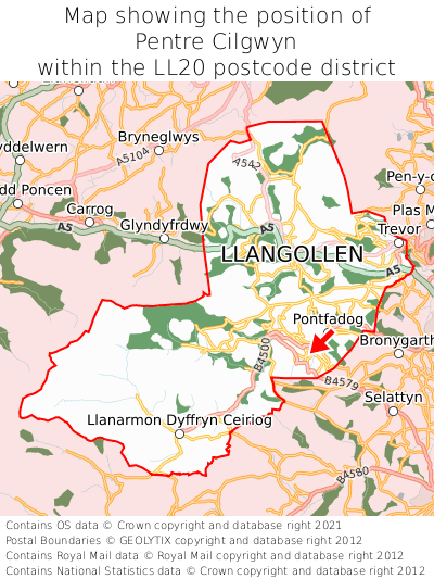 Map showing location of Pentre Cilgwyn within LL20