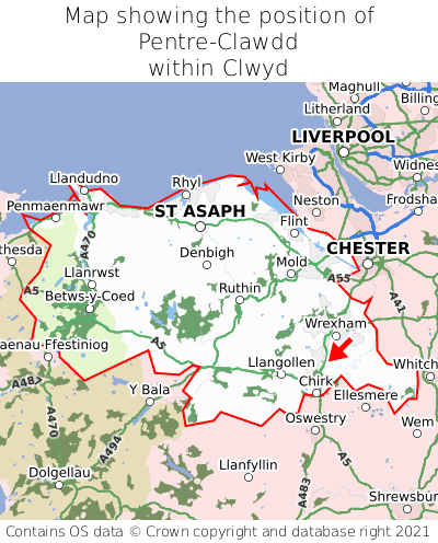 Map showing location of Pentre-Clawdd within Clwyd