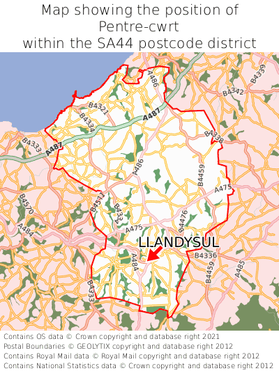 Map showing location of Pentre-cwrt within SA44