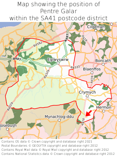 Map showing location of Pentre Galar within SA41