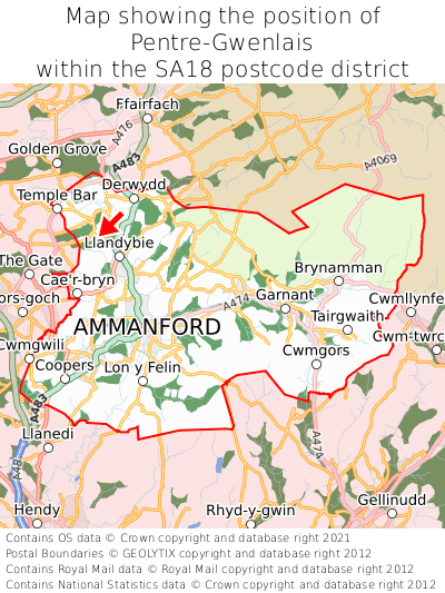 Map showing location of Pentre-Gwenlais within SA18