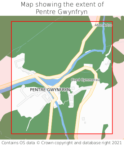 Map showing extent of Pentre Gwynfryn as bounding box